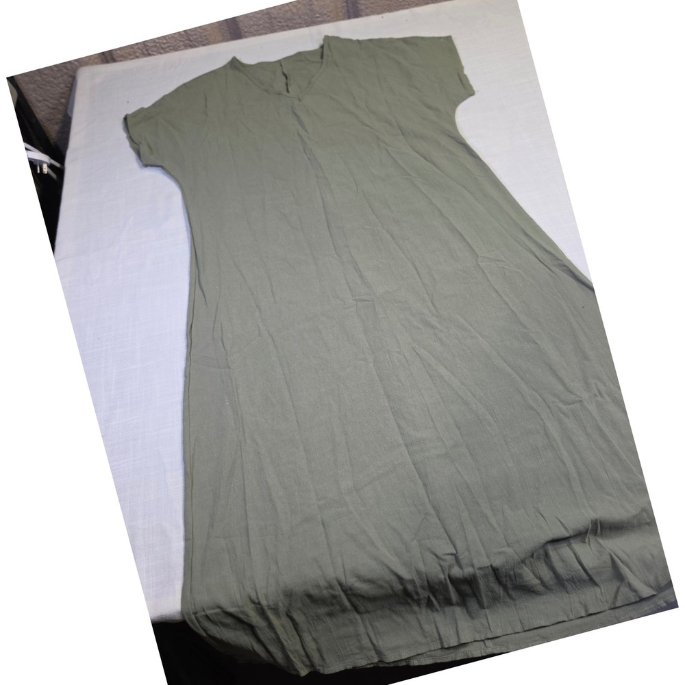 TXT Olive Green Cotton V-Neck Midi Dress Short Sleeve Relaxed Fit Size XL